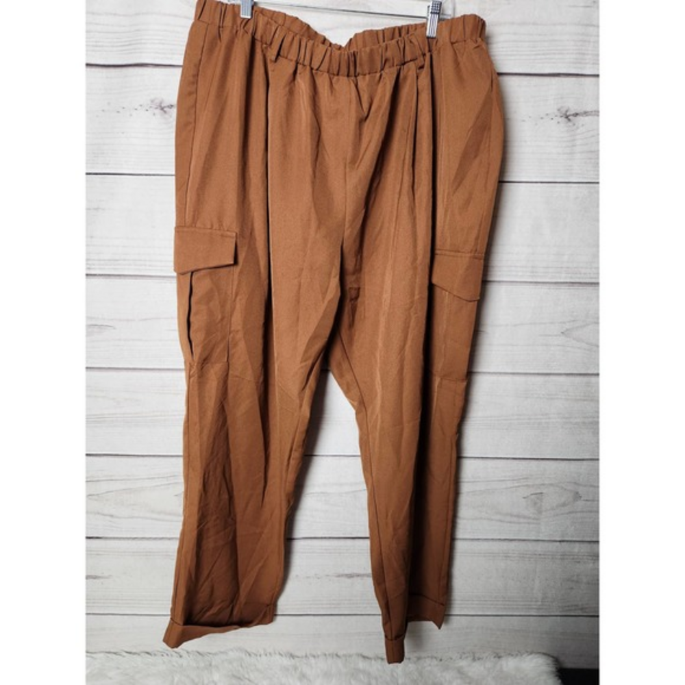 Shein Womens Casual Pants High Rise Elastic Waist‎ Side Pocket Brown 5XL